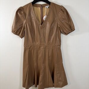 Voy Brown Taupe Faux Leather Flounce Flared Mini Dress Puff Sleeves‎ Medium NWT